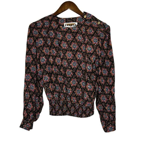 Jordan Vintage Black Floral Scrunch Waist Long Sleeve Blouse Size 4 - Picture 1 of 7